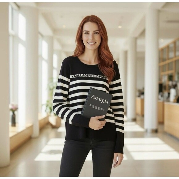 Karl Lagerfeld Sweaters - Karl Lagerfeld Paris Women Black White Striped Logo With Pin Sweater Size XL NWT